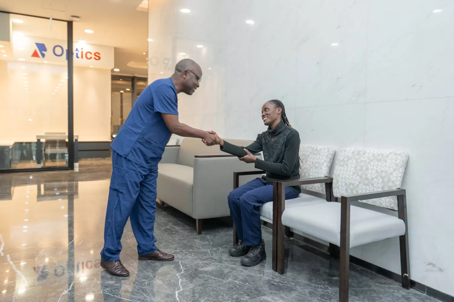 Patient welcomed at the AmeriHealth Africa Optics clinic